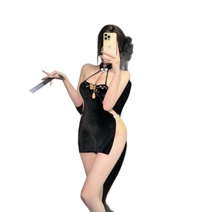 Lingerie Sexy Estiva Taglia XXXL <span class=keywords><strong>Plus</strong></span>-<span class=keywords><strong>size</strong></span>, Pigiama con Ricamo a Fiori di Prugna, Cheongsam in Velluto con Spacco e Allacciatura al Collo - Product Image 2