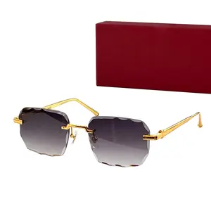2024 Óculos de sol de luxo OEM ODM lentes vintage com corte de diamante logotipo personalizado marcas famosas óculos de metal sem aro UV400