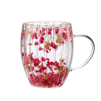 Mug en verre borosilicate à rayures verticales, à double paroi, avec fleur à l'intérieur, très vendu