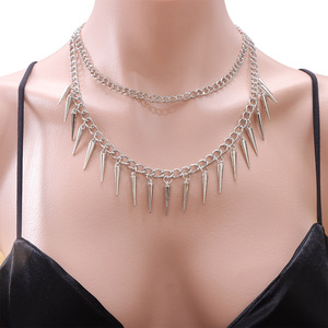 Collar unisex con cadena de púas, doble capa, estilo punk, joyería de moda para fiestas, diseño geométrico, color blanco K - Product Image 6