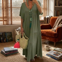 Robe longue décontractée en coton et lin pour femme, col en V, manches courtes, coupe ample et fluide à volants
