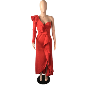 エレガントなパーティーセクシーなイブニングドレス、女性用ロングドレス、ワンショルダーボディコン、スリット入り、女性用フリル付きマキシレッドドレス、プロム用 - Product Image 4