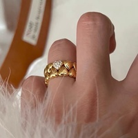 Bague pour femme vintage en forme de cœur, plaqué or 18 carats, base en cuivre, diamants, double couche, empilée, cœur pêche
