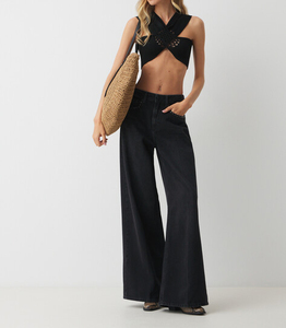 <span class=keywords><strong>Jean</strong></span> large 100 % coton <span class=keywords><strong>noir</strong></span> taille haute pour <span class=keywords><strong>femme</strong></span> avec poches cloutées, pantalon en denim ample style vintage streetwear, vêtements OEM - Product Image 3