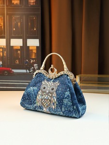 Borsa da Sera in Denim con Design Gufo Stampato a Caldo, Borsa a Tracolla in Poliestere alla Moda con Cinghia Singola e Clip, Completamente Decorata con Diamanti, da Donna per Halloween - Product Image 5
