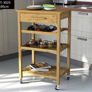 Bar mobile personnalisé Chariot de cuisine de rangement en bois de pin naturel avec plateau en carreaux Chariot de cuisine avec roues - Product Image 5