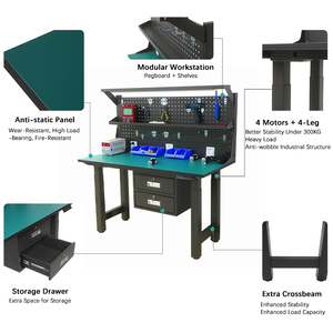 Table de travail réglable en hauteur avec 4 moteurs, capacité de charge de 300 kg, 4 pieds, poste de travail électrique, bureau debout avec tiroir, panneau perforé, lumière et prise - Product Image 5