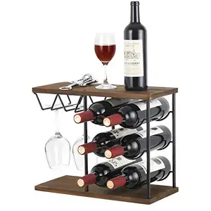 Glass Rack Free Standing Floor Metal Wood Countertop Wine Holder with 6 Bottles and 4 Glasses Stand