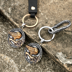 Nordic Viking Raven Keychain Oval Zinc Alloy Embossed Pendant Leather Carabiner Style Handmade Metal <b>Key</b> <b>Chain</b> - Product Image 1