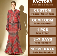 Ensemble 2 pièces vintage de luxe en tweed à carreaux avec veste courte à col perlé et bordure à franges et jupe midi pour femme, idéal pour les réunions professionnelles