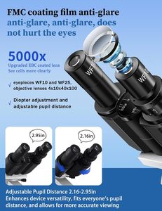 워어쉬 LED 쌍안 현미경 성인용 WF10x WF25x 접안렌즈 40X-2500X 배율 HD USB 카메라 실험실 학교용 - Product Image 5