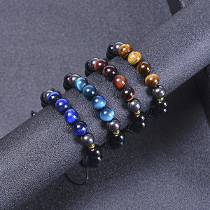 Custom Large 10mm Natural Black ematite Blue Tiger Eye Stone Woven Beaded Gemstone bracciali cristalli gioielli da uomo regolabili - Product Image 2