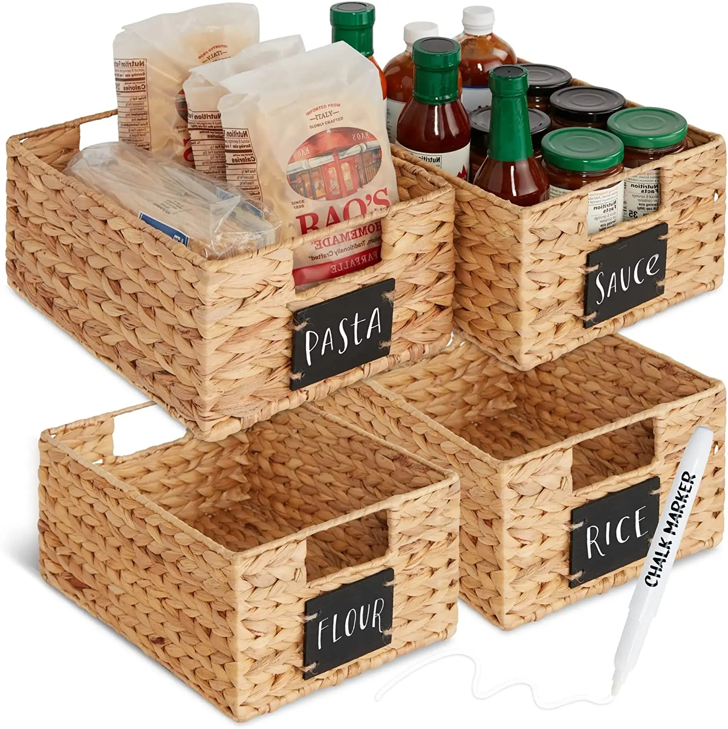 High Quality 9x12in Water Hyacinth Storage Basket Pantry Baskets Woven Kitchen Organizers w/Chalkboard Label Chalk Marker