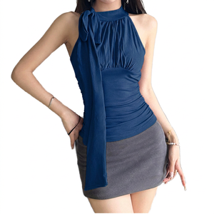 Women's <b>Purple</b> Halter Neck <b>Tank</b> <b>Top</b> With Bow Detail Solid Color Knitted Sleeveless Sexy Club Style <b>Top</b> - Product Image 3