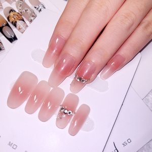 Ongles pressés 3D roses en amande - Faux ongles français moyens avec motifs de fleurs en relief et perles dorées, kit de 10 pièces pour femmes - Product Image 5