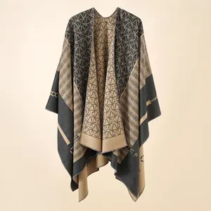 Grote Size Kasjmier Voelen Deken Stola Cape Meisjes Sjaal Poncho Winter Warm Chain Geometrische Cape Vrouwen Pashmina Dame