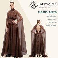 Elegantes Kaffeebraunes Maxikleid mit hohem Kragen und Cape-Ärmeln für Damen, Rückenausschnitt mit Schmetterlings-Dekor, Formelles Abendkleid für Fotoshootings, Großhandel