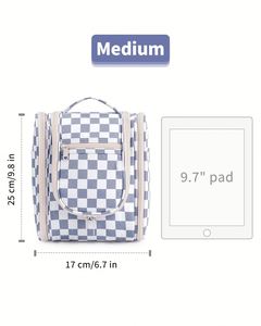 Checkered Large Makeup Bag Travel Toiletry Bag for Women Wide Open Cosmetic Make up Organizer with Handle - Product Image 6