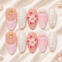 Kuku Palsu Premium Pink Pearl 3D Flower Shell French Short Almond Reusable Handmade Press on Nails Custom Logo Grosir