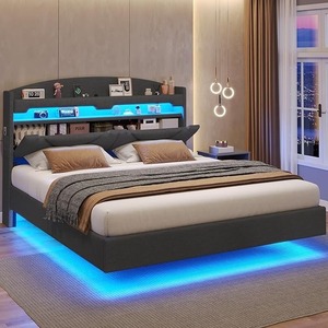 Giường cỡ King có đệm, tích hợp trạm sạc và đầu giường có ngăn chứa đồ ẩn, không cần nệm lò xo, màu xám đậm - Product Image 1