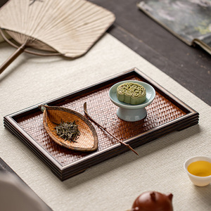 Retro Zen-inspired bamboo <b>tea</b> <b>tray</b>, bamboo woven mat surface, rectangular small <b>tea</b> table, <b>tea</b> set storage plate - Product Image 1