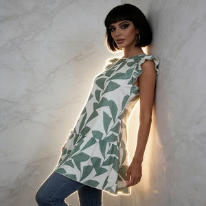 Robe chemise à imprimé feuilles pour femme, décontractée, à manches courtes à volants, ourlet étagé, coupe trapèze, longueur genou, écologique, douce pour femme - Product Image 3