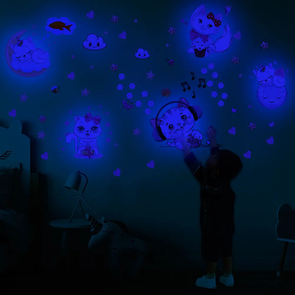 lvfan YGP018 Blue glow-in-the-dark play headset Cat stars Cloud Fluorescent stickers Children's room self-adhesive cartoon w
