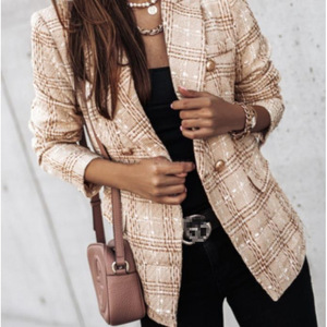 Damen <span class=keywords><strong>Blazer</strong></span> aus kariertem Tweed mit Revers, zweireihig, kurz, elegant, Party-Oberbekleidung, Jacke - Product Image 6