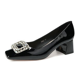 Escarpins de style français pour femmes, bout carré, talon carré, en cuir verni, avec boucle en strass, chaussures habillées formelles, hauteur de talon 3cm-5cm - Product Image 4