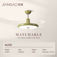 Ventilateur de plafond rétractable moderne avec éclairage LED dimmable, finition chrome, couleur vert olive, pour la décoration intérieure de la maison