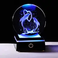 Dolphin bola de vidro para decoração, bonfina de cristal feito a laser 3d, presentes, bola de cristal com base em led