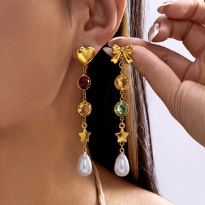 Pendientes Asimétricos de Sol y Luna al por Mayor de SongYi, Pendientes Largos con Borlas de Cristal de Zirconia Coloridos para Mujer - Product Image 4
