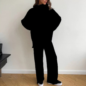 Completo coordinato due pezzi in maglia a coste da donna, caldo e confortevole, con maglione oversize a collo alto e <span class=keywords><strong>pantaloni</strong></span> a vita alta, ideale per l'autunno e l'inverno 2026 - Product Image 5