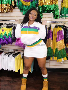 Roupas de Mardi Gras para Mulheres, Moletom de Manga Longa com Listras Roxas, Amarelas e Verdes e Saia, Fantasia de Fãs dos New Orleans Saints - Product Image 4