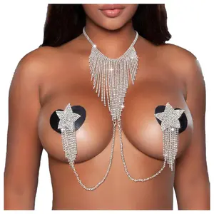 Stonefans Fashion Crystal Sexy Harness Bikini Chest Bra Chain for Women Rhinestone Nipple Cover with Tassel Body Beach Jewelry