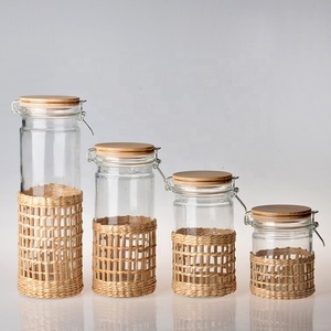best selling cylinder clear air tight glass food storage jar and bottle cookie container w.wicker with bamboo lid