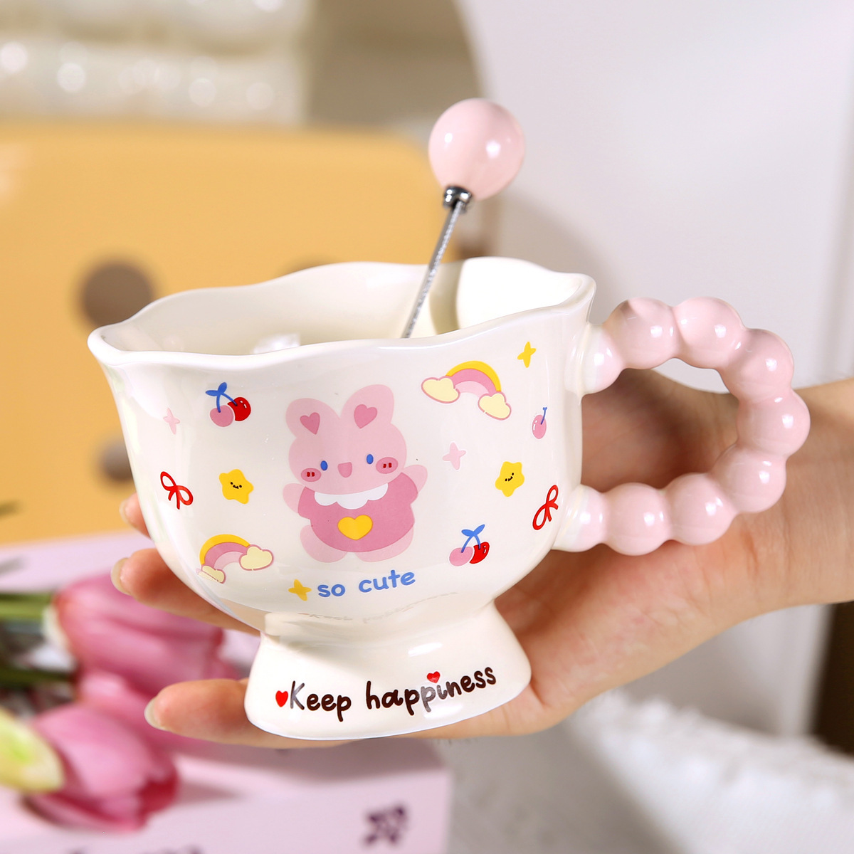 Pink Happy bunny +spoon