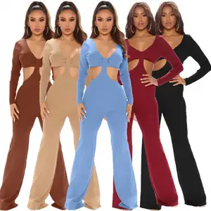 Ucuz fiyat içi boş uzun kollu güz kızlar romper rahat tam boy tasarımcı onesie v yaka katı bodycon tulumlar