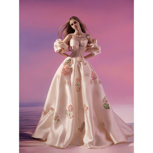 French Style Strapless Wedding Dress Pink Satin Floral Ball Gown Off The Shoulder Train - Product Image 1