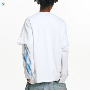 T-shirt blanc oversize à imprimé flamme bleue pour homme, motif dessin animé, double couche, manches longues - Product Image 4