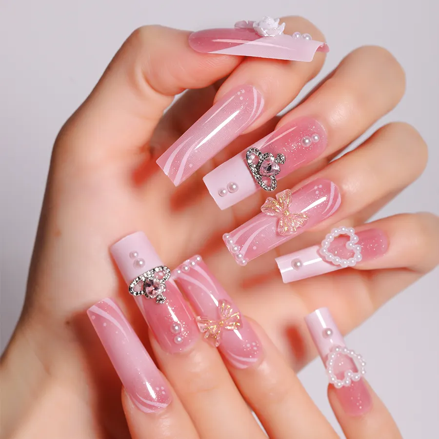 24 pièces 12 tailles rose français impression personnalisée presse sur les ongles artificiel long cercueil conçu presse sur les ongles