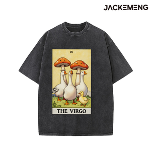 T-shirt en coton délavé oversize avec imprimé thème Zodiaque Vierge Tarot Oie Champignon, style rétro décontracté, Vente en gros depuis entrepôt USA - Product Image 4