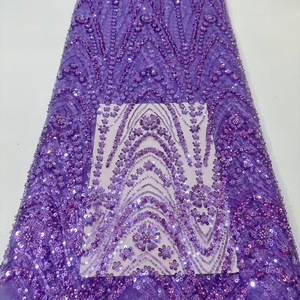 Nouveau Tissu <span class=keywords><strong>en</strong></span> Dentelle Africaine avec Perles et Paillettes, 5 Yards, Haute Qualité, 100% Polyester, Matière pour Robe, Dentelle Perle de Luxe - Product Image 1