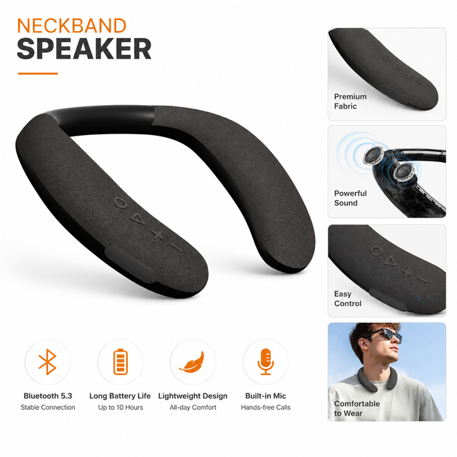 Wearable Neck Hanging Speaker IPX5 HIFI Dual 3W Neckband Built in Mic Hands Free Call for Gaming Cooking Travel Outdoor Use