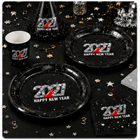 Fournitures pour fête du Nouvel An 2027, ensemble de vaisselle jetable noir et argent, assiettes, gobelets, serviettes, décorations pour la fête du réveillon du Nouvel An