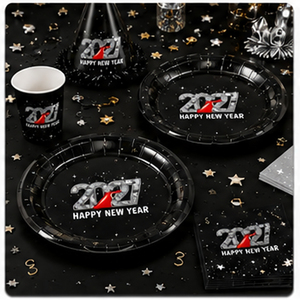 Fournitures pour fête du Nouvel <span class=keywords><strong>An</strong></span> 2027, ensemble de vaisselle jetable noir et argent, assiettes, gobelets, serviettes, décorations pour la fête du réveillon du Nouvel <span class=keywords><strong>An</strong></span> - Product Image 2