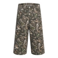 Shorts en jean baggy pour homme personnalisés, coupe large, imprimé camouflage feuilles sur toute la surface, tissu robuste délavé, style streetwear, vente en gros