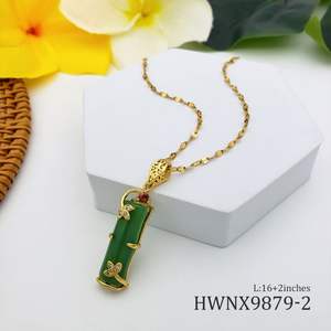 Gerçek altın kaplama paslanmaz çelik kolye takı uzun bambu şekli pembe doğal yeşim taşlı kolye kadınlar kızlar için - Product Image 2