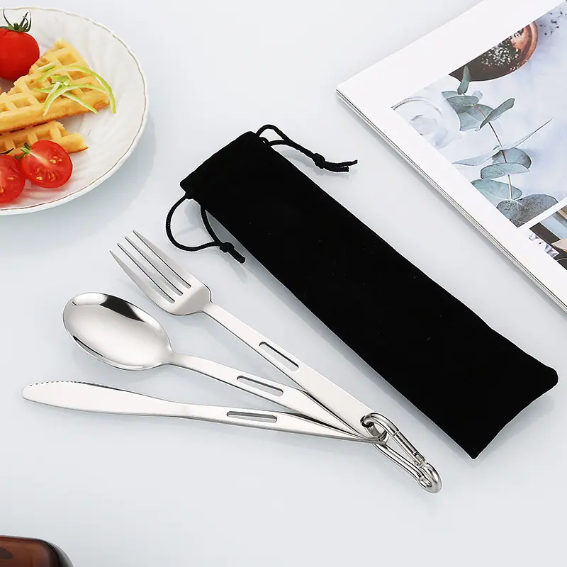 Set alat makan berkemah luar ruangan, sendok garpu pisau sendok tiga buah tas kain portabel Stainless steel