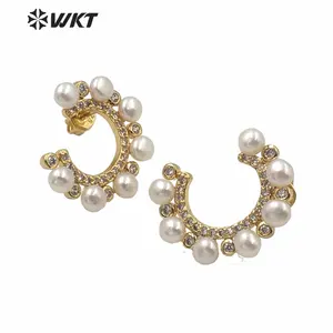 PWT-ME075惊人华丽真淡水珍珠C形耳环耳钉时尚女性新月角珍珠耳钉精品品质
